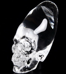 Very Clear Huge 4.3" Quartz Rock Crystal Carved Crystal Incan Skull with Black Obsidian Stand
