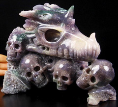 GEMSTONE UNIQUE 7.7" Purple Grape Agate Carved Crystal Skull Dragon & Skulls Sculpture