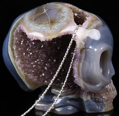 Nice 4.1" Amethyst & Agate Geode Carved Crystal Alien Skull with Spine