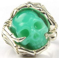 Gemstone Size 9 1/2, Chrysoprase & 925 Sterling Silver Carved Crystal Skull Ring with 925 Sterling Silver Bones Ring