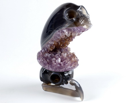 AMAZING 5.3" Agate Amethyst Geode Carved Crystal Elongated Mayan Alien Skull & Owl Sculpture ， Reiki Healing Stone Statue