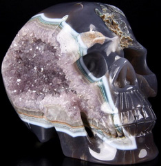 Lifesize 6.2" Agate Amethyst Geode Carved Crystal Skull, Realistic
