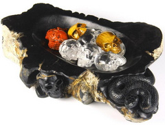 Original 10.2" Petrified Wood Carved Crystal Skull With Snake Plate, Realistic, Healing