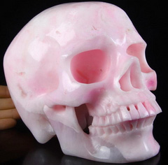 Lifesized 7.7" Pink Aragonite Carved Crystal Skull, Super Realistic, Healing