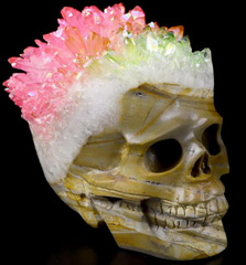 3.7" Rainbow Aura Quartz Druse Carved Crystal Skull, Realistic
