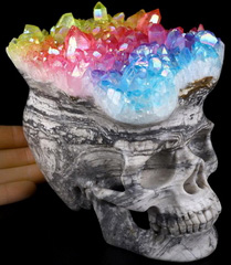 Rainbow 5.5" Aura Titanium Quartz Druse Carved Crystal Skull, Super Realistic, Crystal Healing