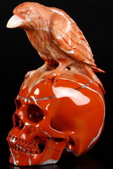 Huge 6.3" Red Jasper Carved Crystal Skull With Raven Sculpture, Realistic, Crystal Healing