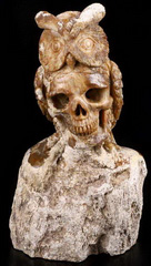 Original Design 5.1" Petrified Wood Carved Crystal Skull With Owl Sculpture, Realistic, Healing