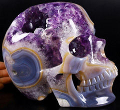 Lifesized 7.5" Agate Amethyst Geode Carved Crystal Skull, Super Realistic, Crystal Healing