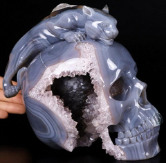 Giant 7.9" Amethyst & Agate Geode Carved Crystal Skull With Leopard Sculpture, Crystal Healing