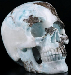 GEMSTONE 4.9" Larimar Carved Crystal Skull, Super Realistic, Crystal Healing