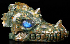 5.4" Rainforest Jasper Carved Crystal Dragon Skull & Labradorite Eyes, Crystal Healing