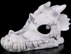 5.5" Howlite Carved Crystal Dragon Skull, Black obsidian eyes, Healing