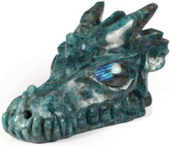 Huge 5.4" Blue Apatite Carved Crystal Dragon Skull, Labradorite Eyes, Healing