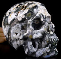 Huge 6.4" Ocean Jasper Geode Carved Crystal Skull, Super Realistic