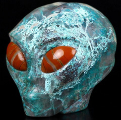 Gemstone 4.2" American Chrysocolla Carved Crystal Alien Skull & Red Jasper Eyes, Crystal Healing
