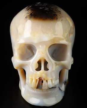 Nice 4.8" Agate Carved Crystal Skull With Hair, Super Realistic, Crystal Healing