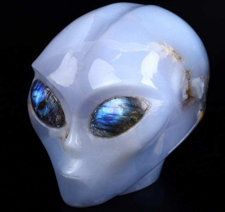 4.3" Blue Chalcedony Star Being Female Alien Crystal Skull Companion With Labradorite Eyes, Hand Carved Gemstone Fine Art Sculpture, Reiki Healing Stone Statue