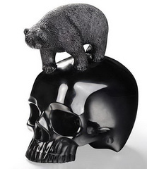 New 5.5" Black Obsidian Carved Crystal Skull With Polar bear Standing Sculpture, Crystal Healing