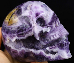 Huge 5.0" Purple Fluorite Geode Carved Crystal Moth Opening Skull, Crystal Healing