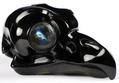 3.2" Black Obsidian Carved Crystal Owl Skull With Labradorite Eyes, Crystal Healing