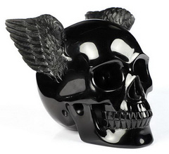 Original Design 5.0" Black Obsidian Carved Crystal Skull With Double wings, Crystal Healing