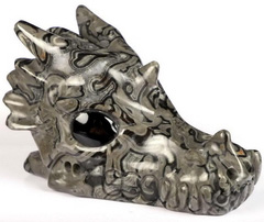 5.4" Crocodile Jasper Carved Crystal Dragon skull, Black Obsidian Eyes, Crystal Healing