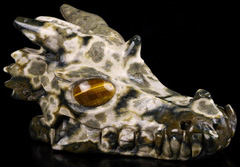 Huge 5.3" Ocean Jasper Carved Crystal Dragon Skull, Tiger Eye Eyes, Crystal Healing