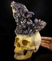 Huge 9.1" Quartz Rock Crystal Rainbow Druse Carved Crystal Skull Sculpture, Super Realistic, Crystal Healing
