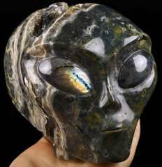Huge 4.3" Ocean Jasper Carved Crystal Female Alien Skull & Labradorite Eyes, Crystal Healing