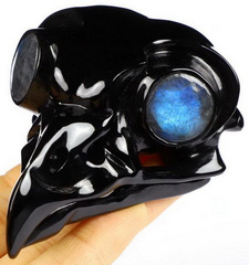 3.2" Black Obsidian Carved Crystal Owl Skull, Labradorite Eyes, Crystal Healing