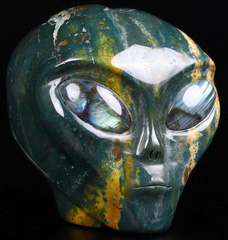 GEMSTONE 4.2" Bloodstone Carved Crystal Female Alien Skull, Labradorite Eyes, Crystal Healing