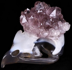 Nice 4.3" Amethyst & Agate Druse Carved Crystal Owl Skull, Crystal Healing