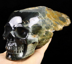 Huge 9.5" Hawk's Eye Carved Crystal Skull Sculpture, Crystal Healing
