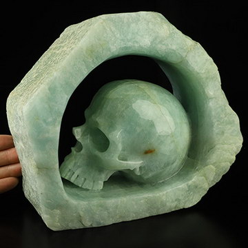 Gemstone 7.6" Aquamarine Carved Crystal Skull Inside Six-sided cylinder, Crystal Healing