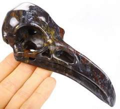 4.7" Chinese Bloodstone Carved Crystal Raven Skull Pendant, Crystal Healing