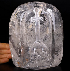 Huge 6.3" Quartz Rock Crystal Carved Crystal Skull Under Cross, Crystal Healing