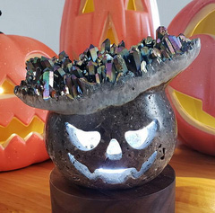 Halloween Jack 5.0" Rainbow Titanium Quartz Druse Carved Jack-O'-Lantern Sculpture with LED Light Stand, Crystal Healing