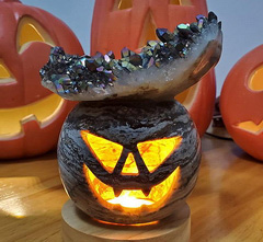 Halloween Jack 5.7" Rainbow Titanium Quartz Druse Carved Jack-O'-Lantern Skull Sculpture with LED Light Stand, Crystal Healing