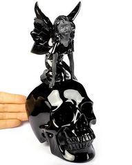 Huge 7.6" Black Obsidian Carved Crystal Skull With Fairy, Crystal Healing