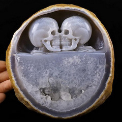Original 5.5" Agate Geode Circle Carved Crystal Double Kiss Skull Sculpture, Realistic