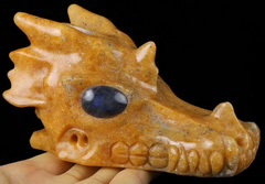 Huge 5.2" Orange Calcite Carved Crystal Dragon skull, Labradorite Eyes, Crystal Healing