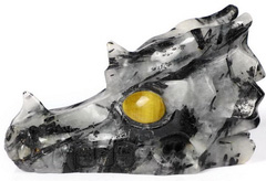 Huge 5.2" Black Tourmaline Carved Crystal Dragon Skull, Tiger Eye Eyes, Crystal Healing