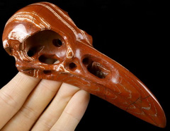 Huge 5.0" Red Snake Skin Jasper Carved Crystal Raven Skull Pendant, Crystal Healing