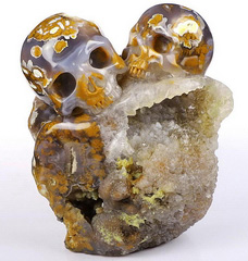 New 5.0" Agate Geode Carved Crystal Double Skull Sculpture, Crystal Healing