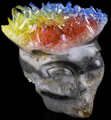 Huge 4.8" Rainbow Aura Quartz Druse Carved Crystal Female Alien Skull, Crystal Healing