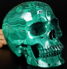 Huge Gemstone 6.2" Malachite Carved Crystal Skull Super Realistic, Crystal Healing