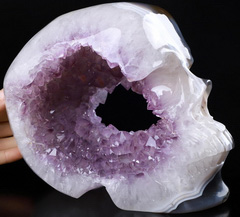 Amazing GAINT 8.0" Agate Amethyst Geode Carved Crystal Skull, Realistic, Crystal Healing