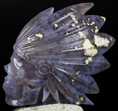 Original 6.6" Agate Geode Carved Crystal Indian Skull Sculpture, Crystal Healing