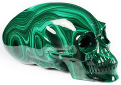 Gemstone 7.6" Malachite Carved Crystal Elongated Mayan Alien Skull, Kingdom of Crystal Skulls, Crystal Healing